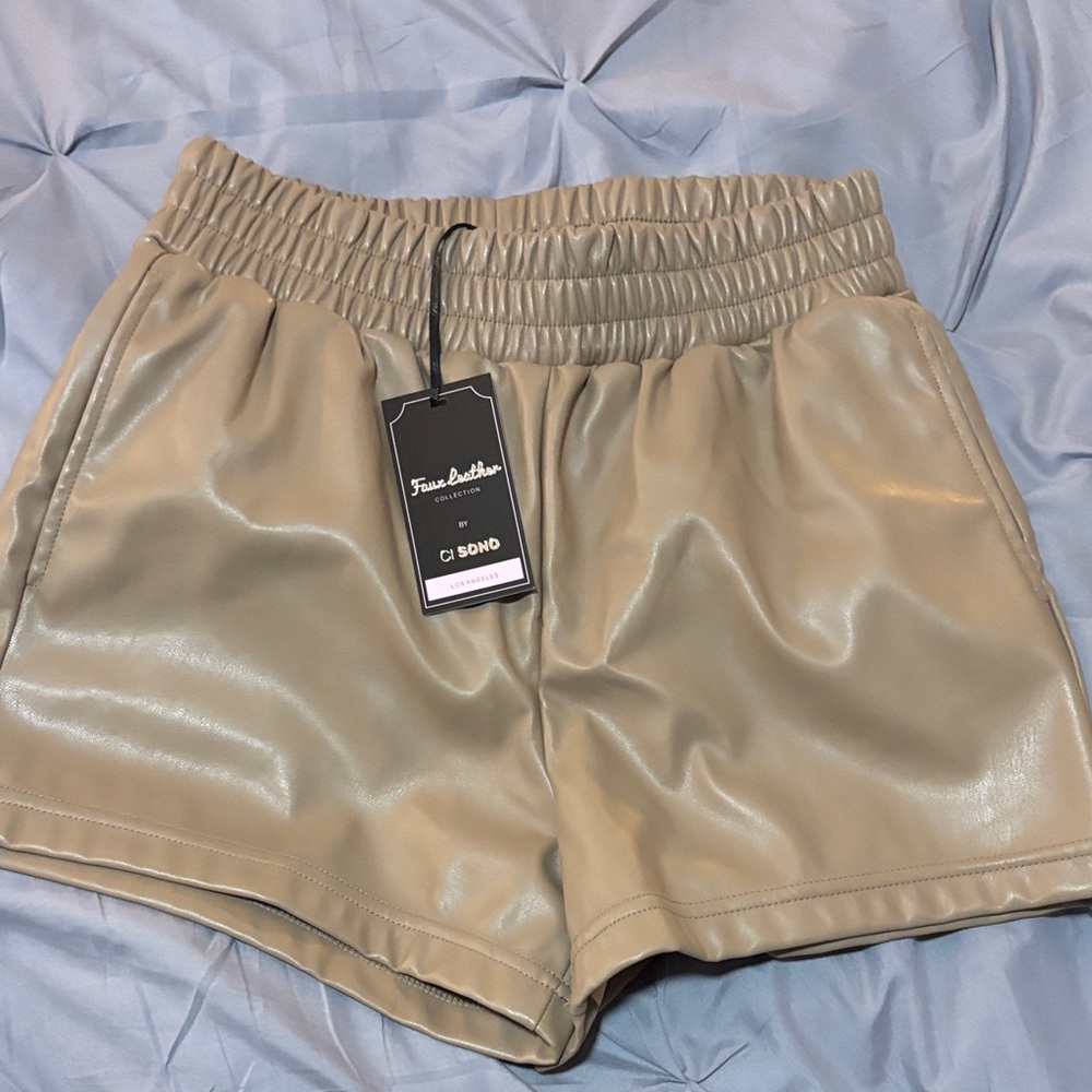 Faux Leather High-Waist Shorts in Taupe